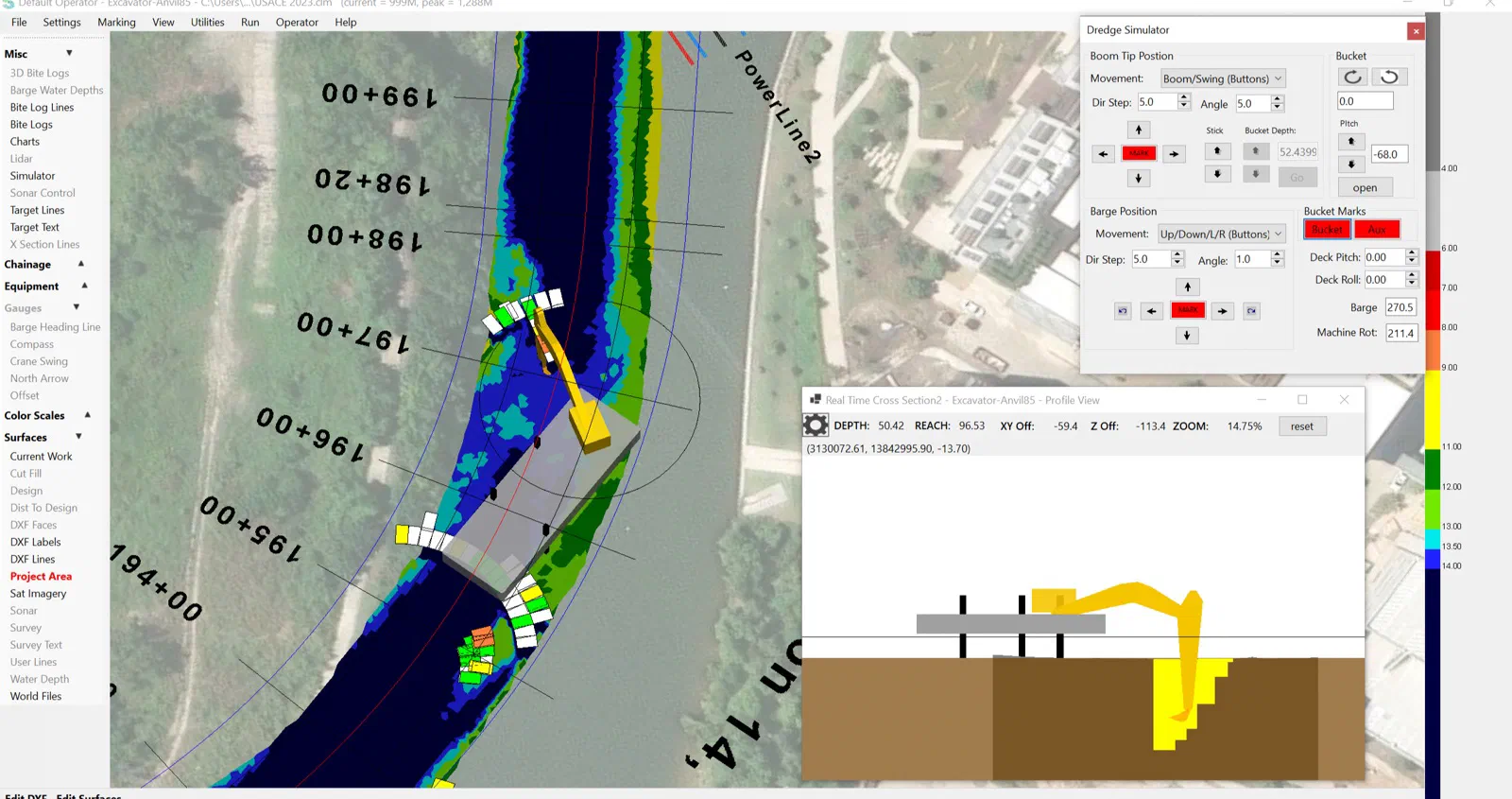 ClamVision color-scaled water depth surface over a channel with a real-time cross-section profile window showing the excavator against grade.