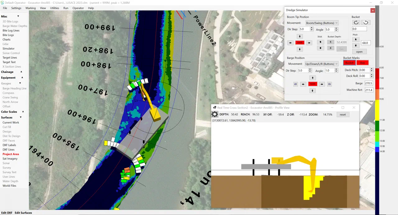 ClamVision showing a color-scaled water depth surface over a channel and a real-time cross-section profile window with the excavator digging against grade