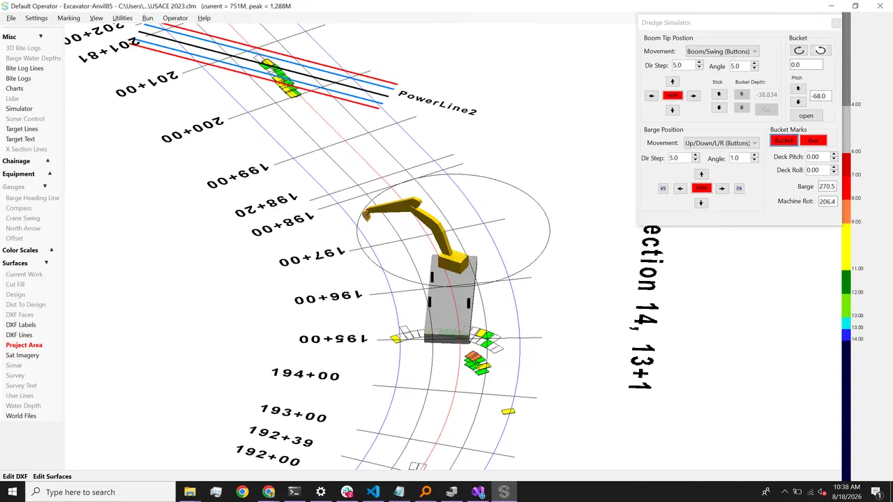 ClamVision 3D view of an excavator dredge on a barge working a curved channel with chainage stations and recorded bites
