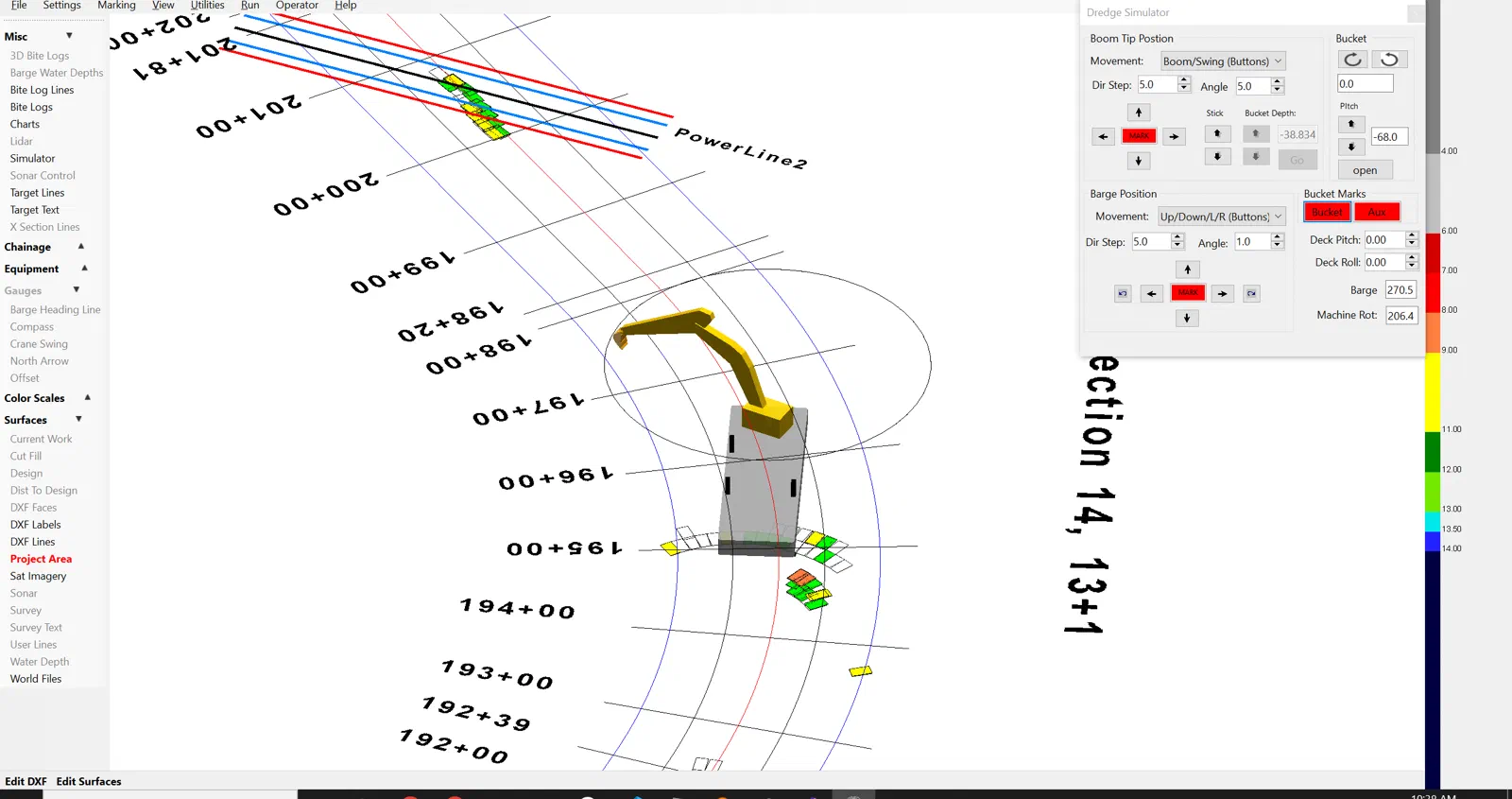ClamVision 3D view of an excavator dredge on a barge working a curved channel, with chainage stations, color scale, and recorded bites.
