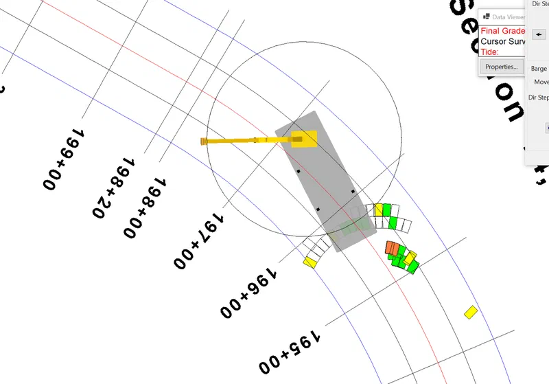 ClamVision plan view showing a barge with crane boom and swing arc over chainage stations, with recorded bite footprints color-coded by depth