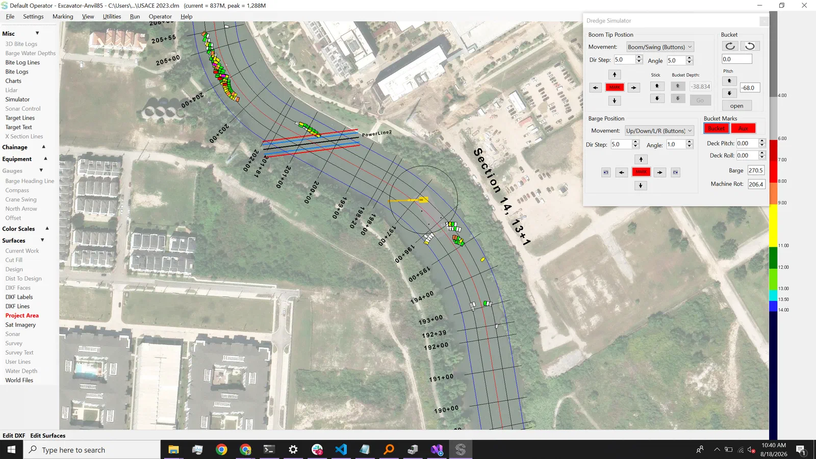 ClamVision plan view with satellite imagery of a river channel, chainage stations, design lines, a live barge model with swing arc, and color-coded bite footprints
