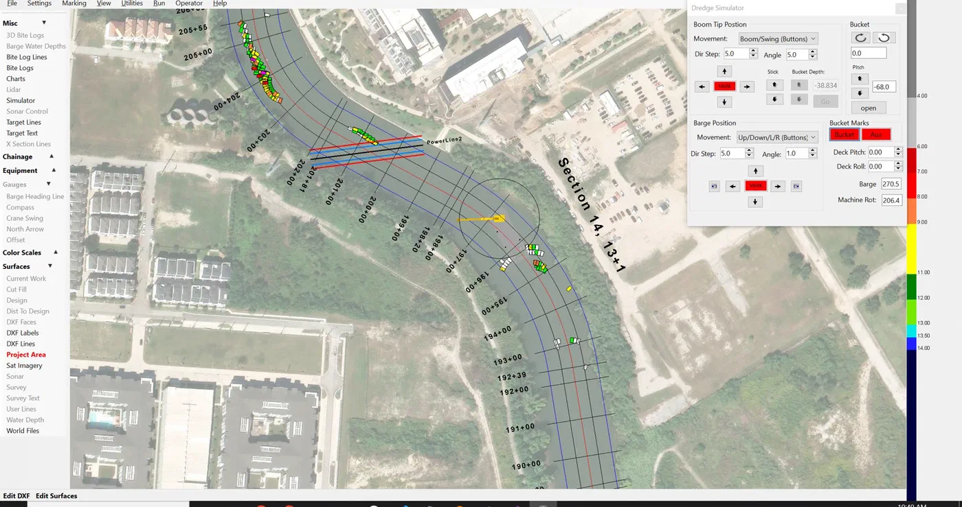 ClamVision plan view showing satellite imagery of a river channel with chainage stations, design lines, a live barge model with swing arc, and color-coded bite footprints