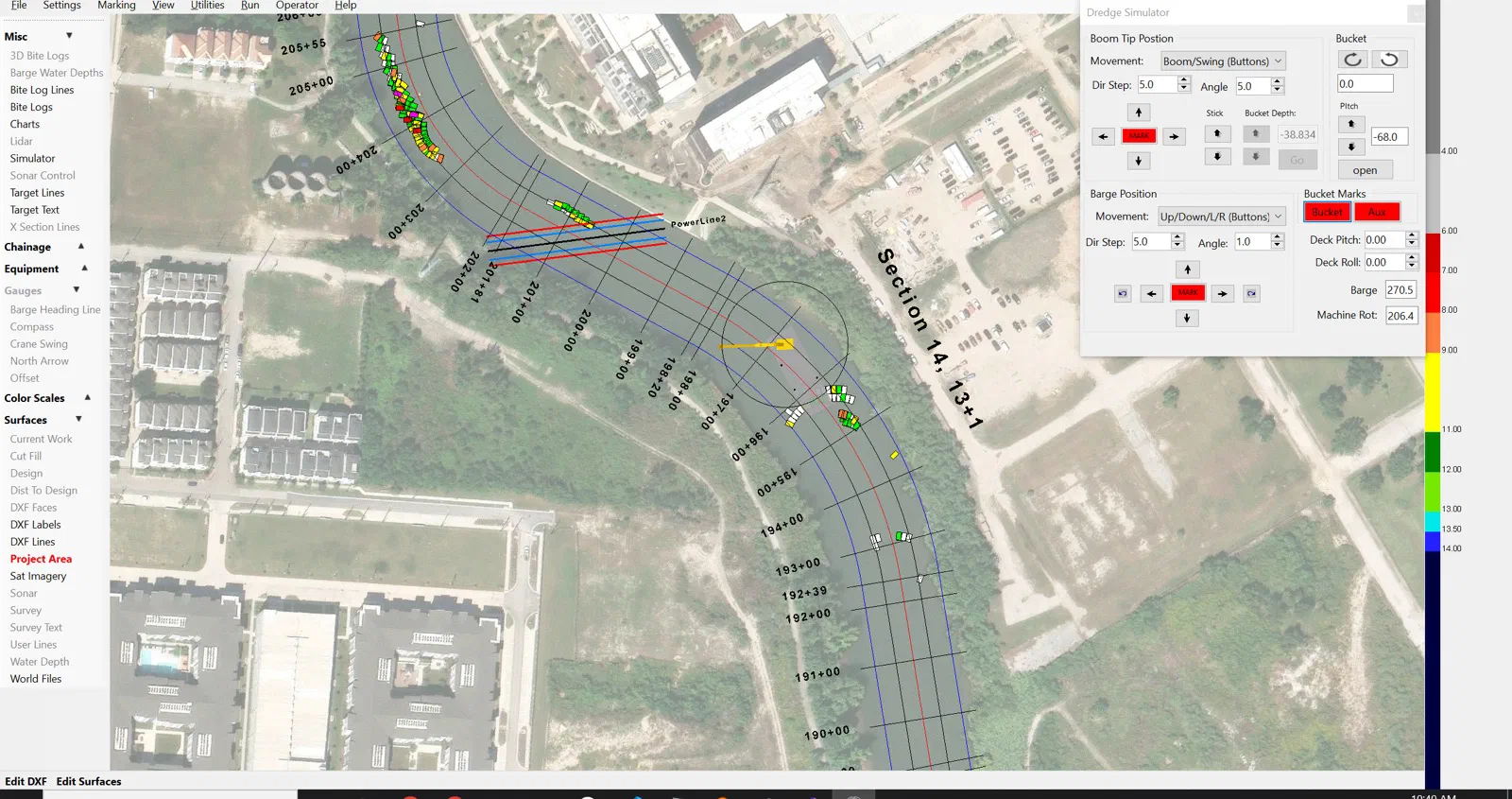 ClamVision plan view with georeferenced satellite imagery, survey chainage stations, design lines, and recorded bites along a river channel.
