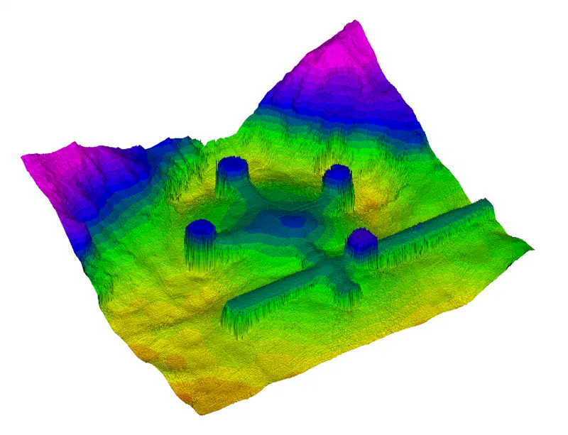 Three-dimensional bathymetric surface model with pier pilings rendered in a purple-to-green depth color scale
