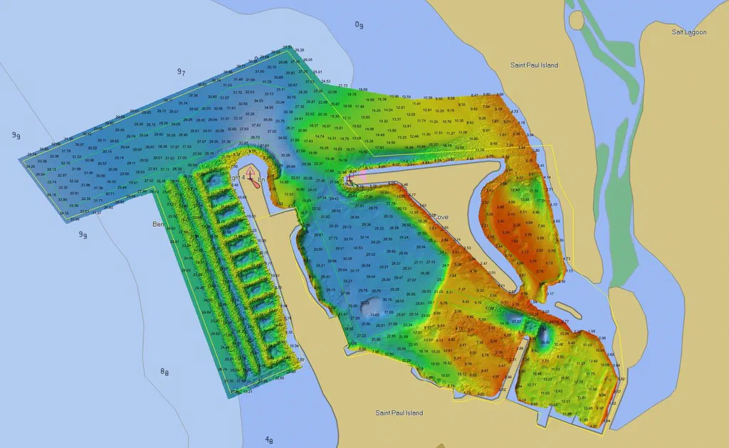 Bathymetry chart of a harbor with depth soundings, color-coded from shallow red to deep blue