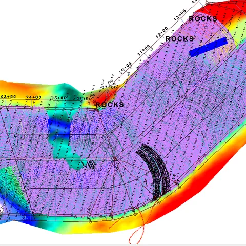 Plan-view bathymetric chart with survey lines, soundings, and rock outcrops labeled