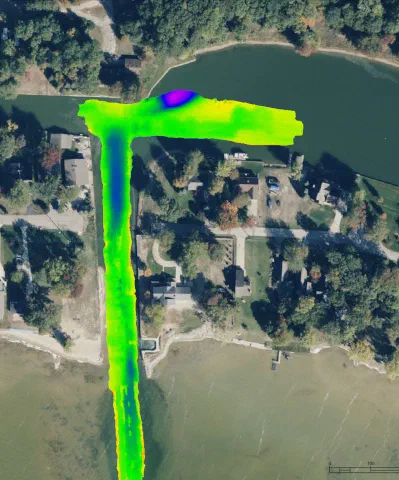 Aerial image with a color bathymetry overlay of a narrow T-shaped channel